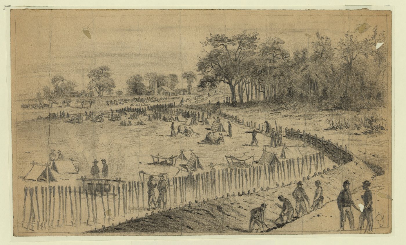 Pencil drawing of soldiers digging a long trench behind a row of sharpened stakes, with tents, cannon and a farmhouse in the background