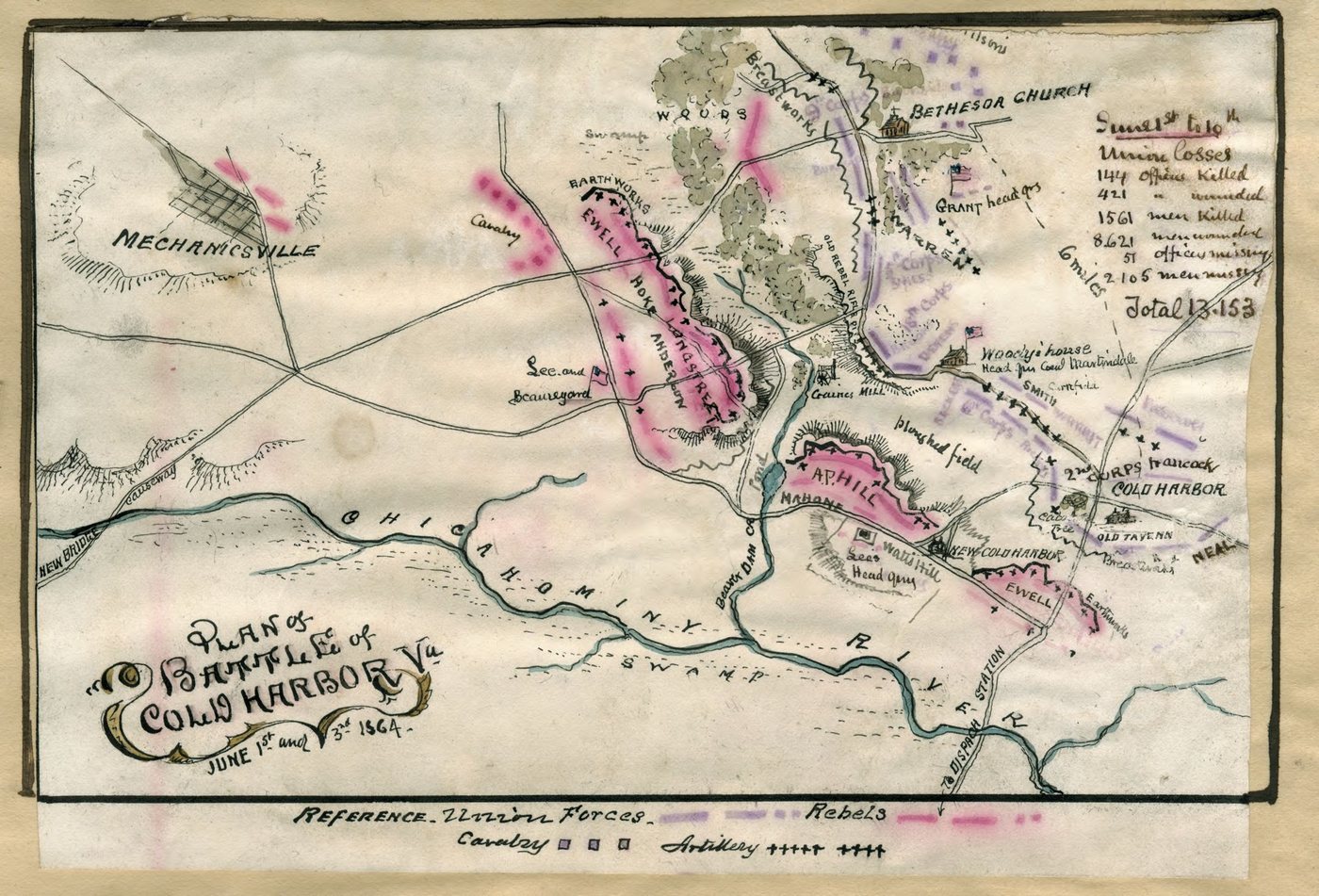 Hand-coloured map with red Confederate positions and blue Union positions, the Chickahominy River along the bottom and Mechanicsville, Gaines Mill and Cold Harbor labelled
