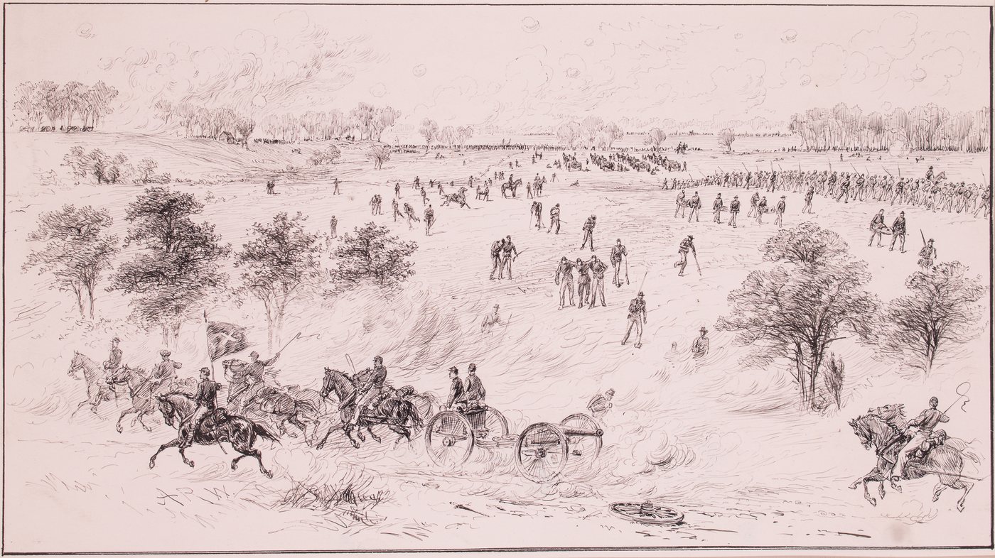 Ink drawing of a wide open field with lines of infantry advancing in the distance, while cavalry and an artillery limber gallop across the foreground