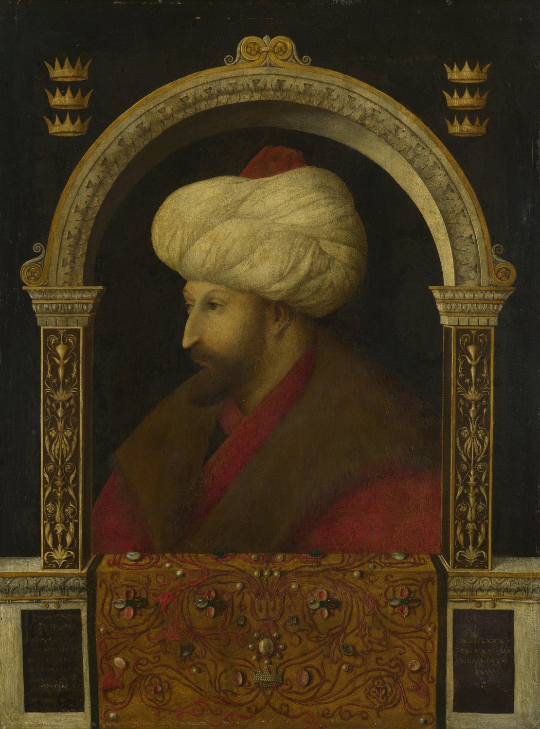 Renaissance portrait of a bearded sultan in a white turban and fur-lined robe framed by an arch