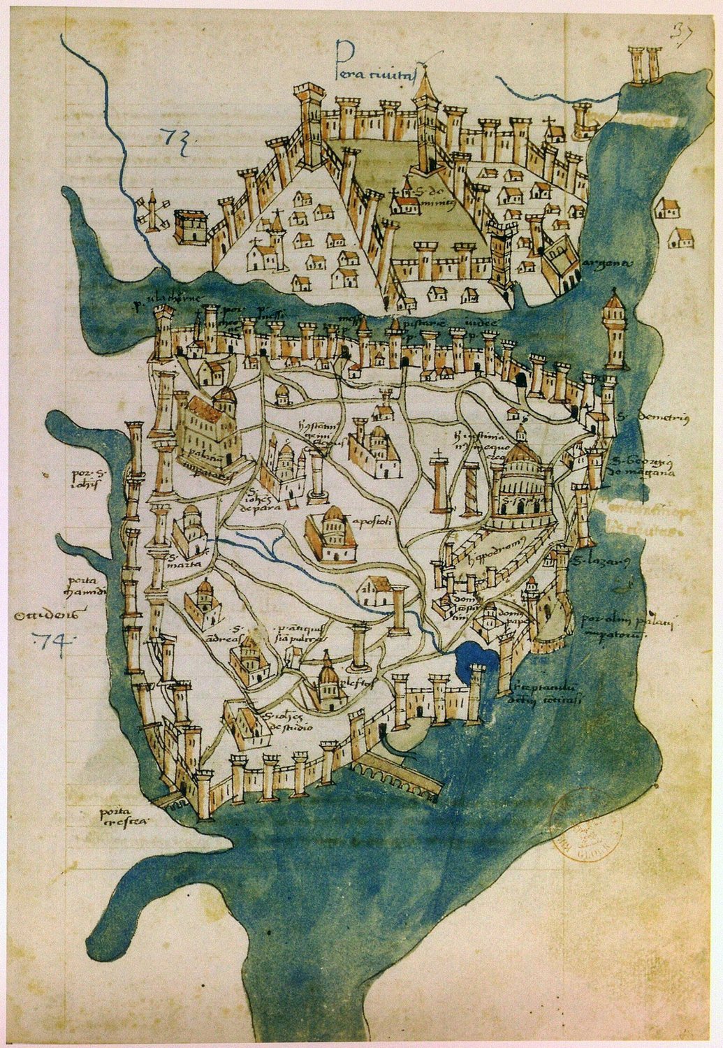 Medieval coloured map of walled Constantinople surrounded by sea, with Galata across the water