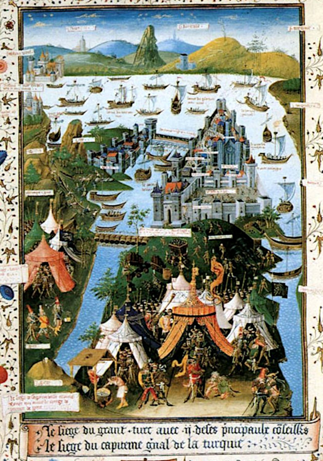 Medieval miniature of a walled city by the sea besieged by tents, cannon and ships