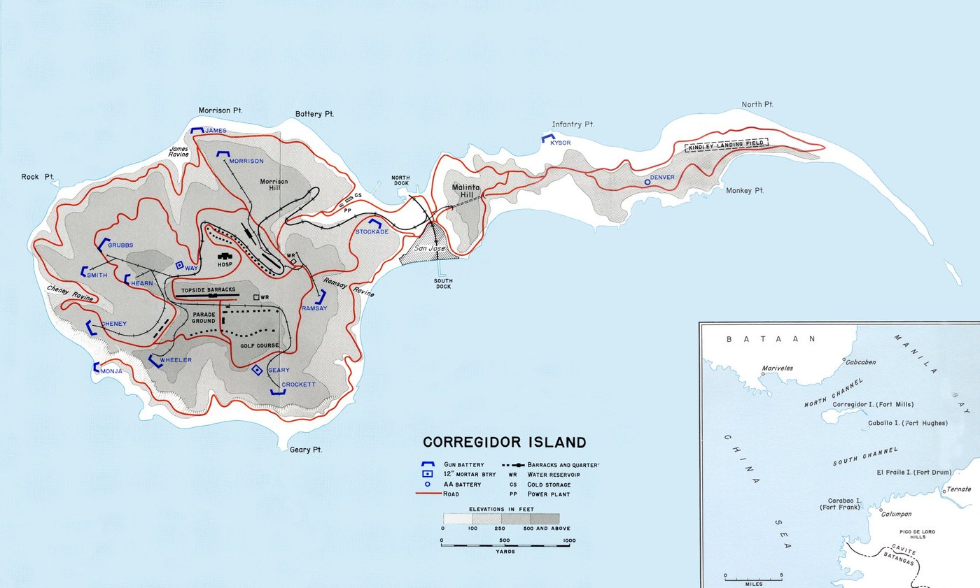 Map of the tadpole shaped island of Corregidor with contour shading, roads in red, blue symbols for named gun and mortar batteries such as Hearn, Geary, Crockett and Way, Malinta Hill at the neck and an inset of the islands at the mouth of Manila Bay