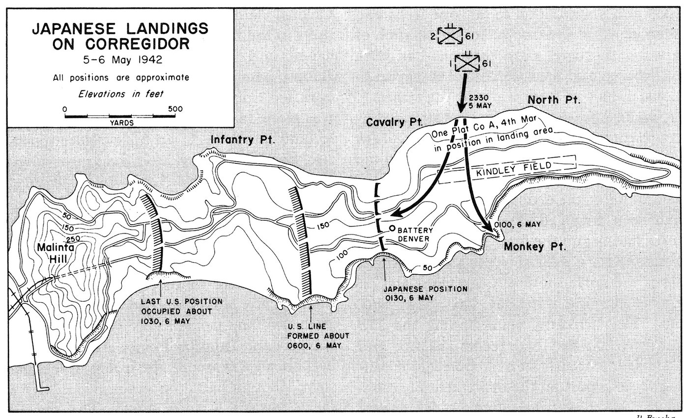 Black and white contour map of the eastern tail of Corregidor with two thick arrows from the north landing near Cavalry Point and North Point, Japanese positions at Battery Denver and successive American lines falling back toward Malinta Hill