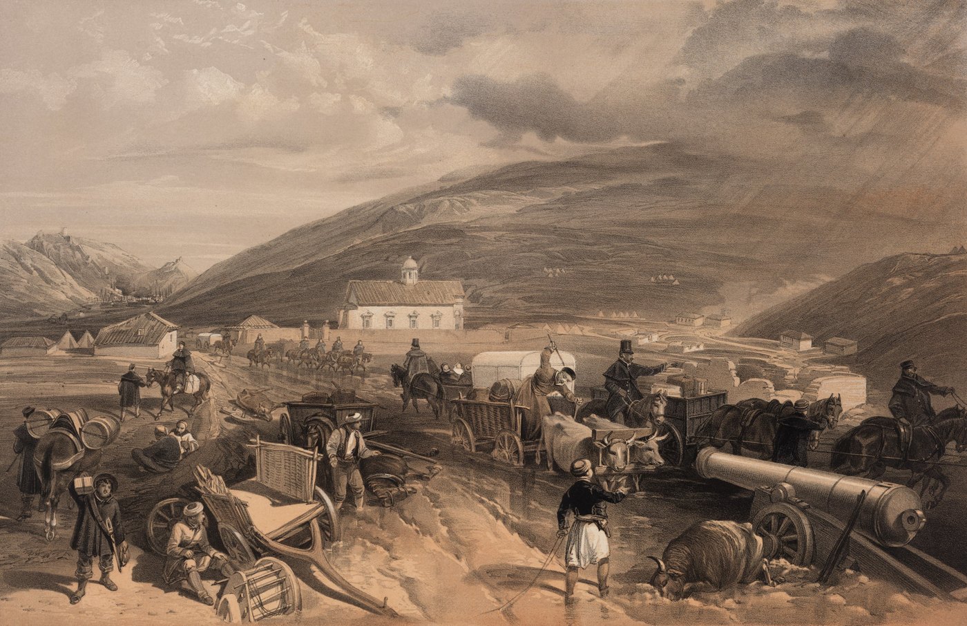 Tinted lithograph of a muddy road through a valley: carts, oxen, horses and men struggle through the mire, a dead ox lies beside a heavy gun, a white church stands behind.