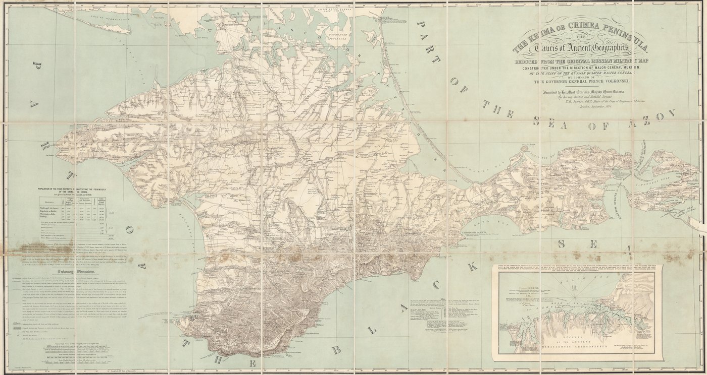 Large tinted 19th-century map of the Crimean peninsula with hachured mountains along the south coast, the Sea of Azov to the north-east and an inset plan of the Sevastopol area in the lower right corner.