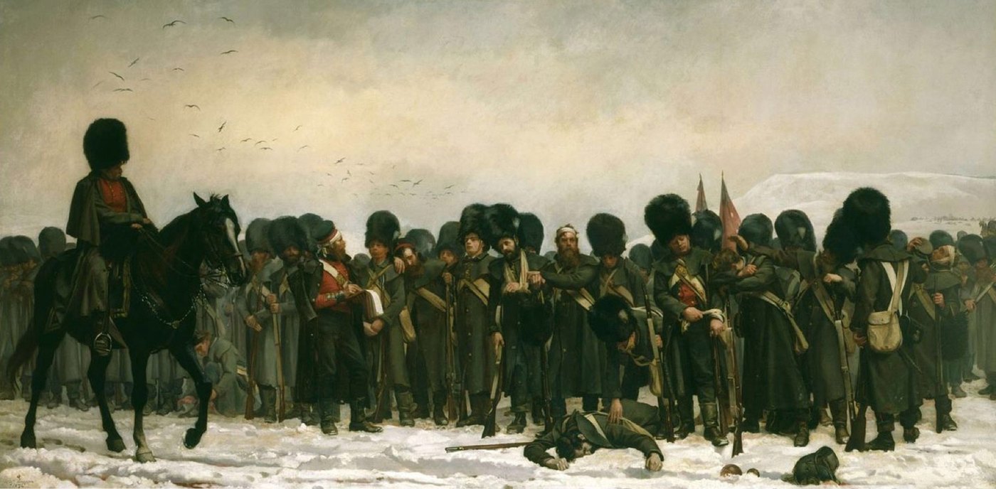 Oil painting of a long line of exhausted soldiers in grey greatcoats and bearskin caps standing in snow, some wounded, one fallen, while a mounted officer watches from the left.