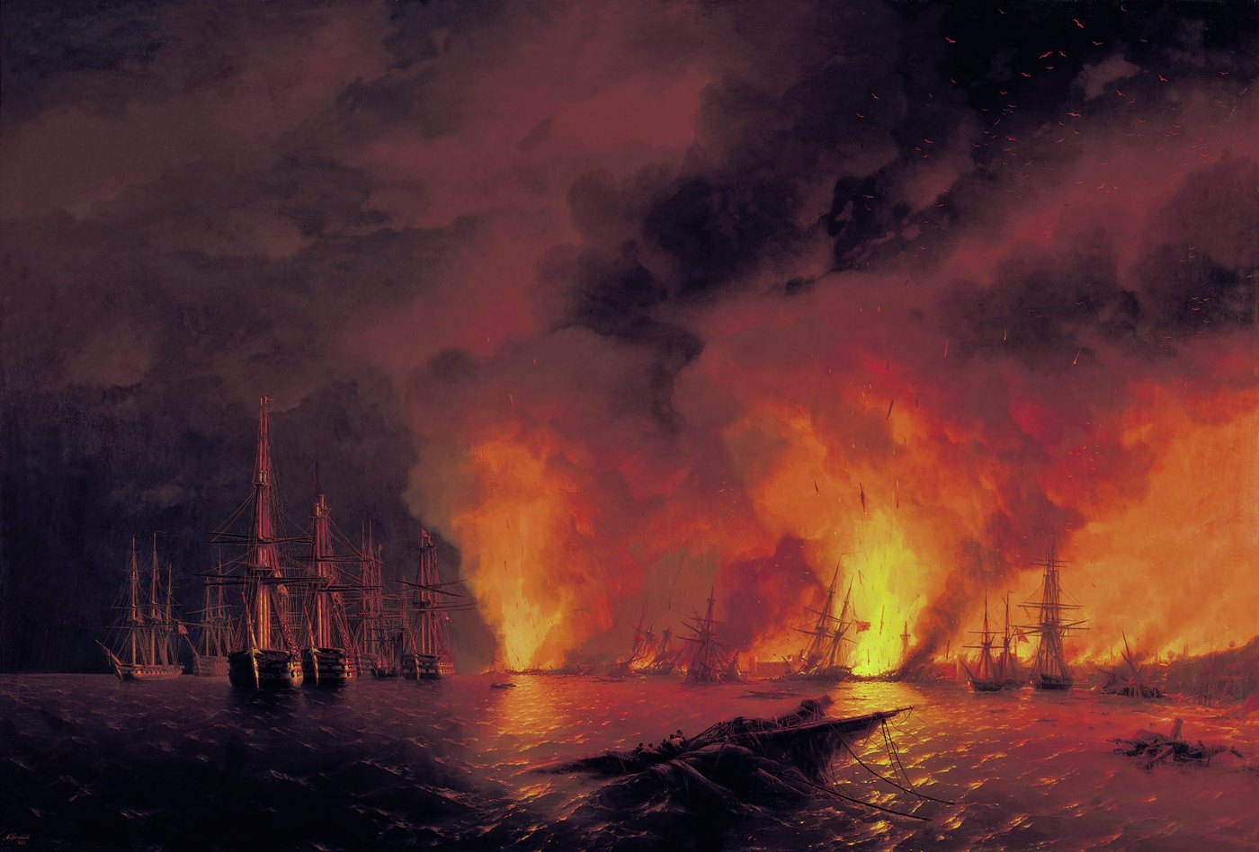 Dark oil painting of a harbor at night: Russian warships under sail on the left, burning ships and a burning shore on the right under clouds of red smoke.
