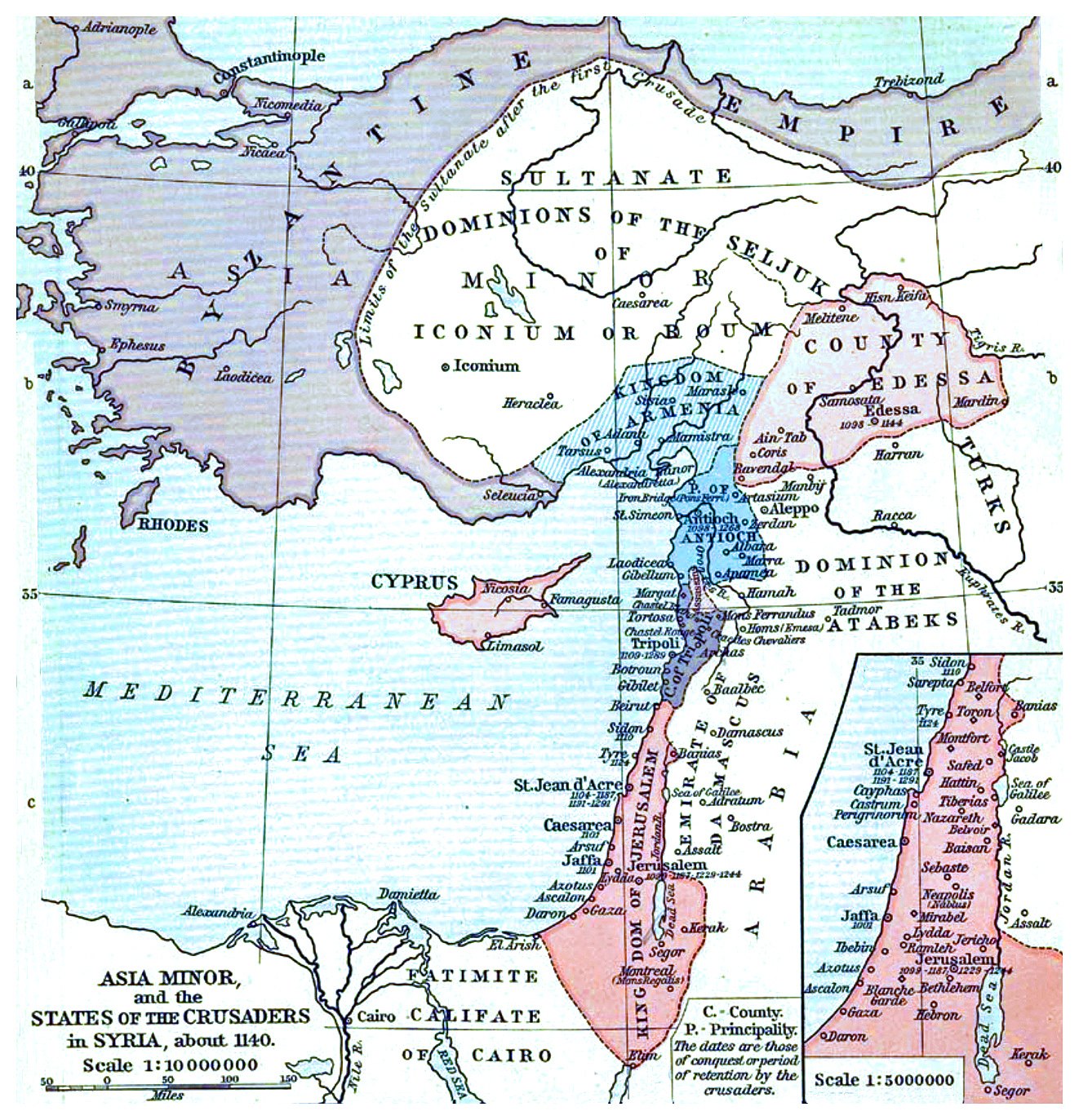 Historical map of Asia Minor and the Levant around 1140: the Byzantine Empire in the west, the Seljuk sultanate of Iconium in the center, and a narrow strip of crusader states along the Syrian and Palestinian coast, with an inset of the Kingdom of Jerusalem.