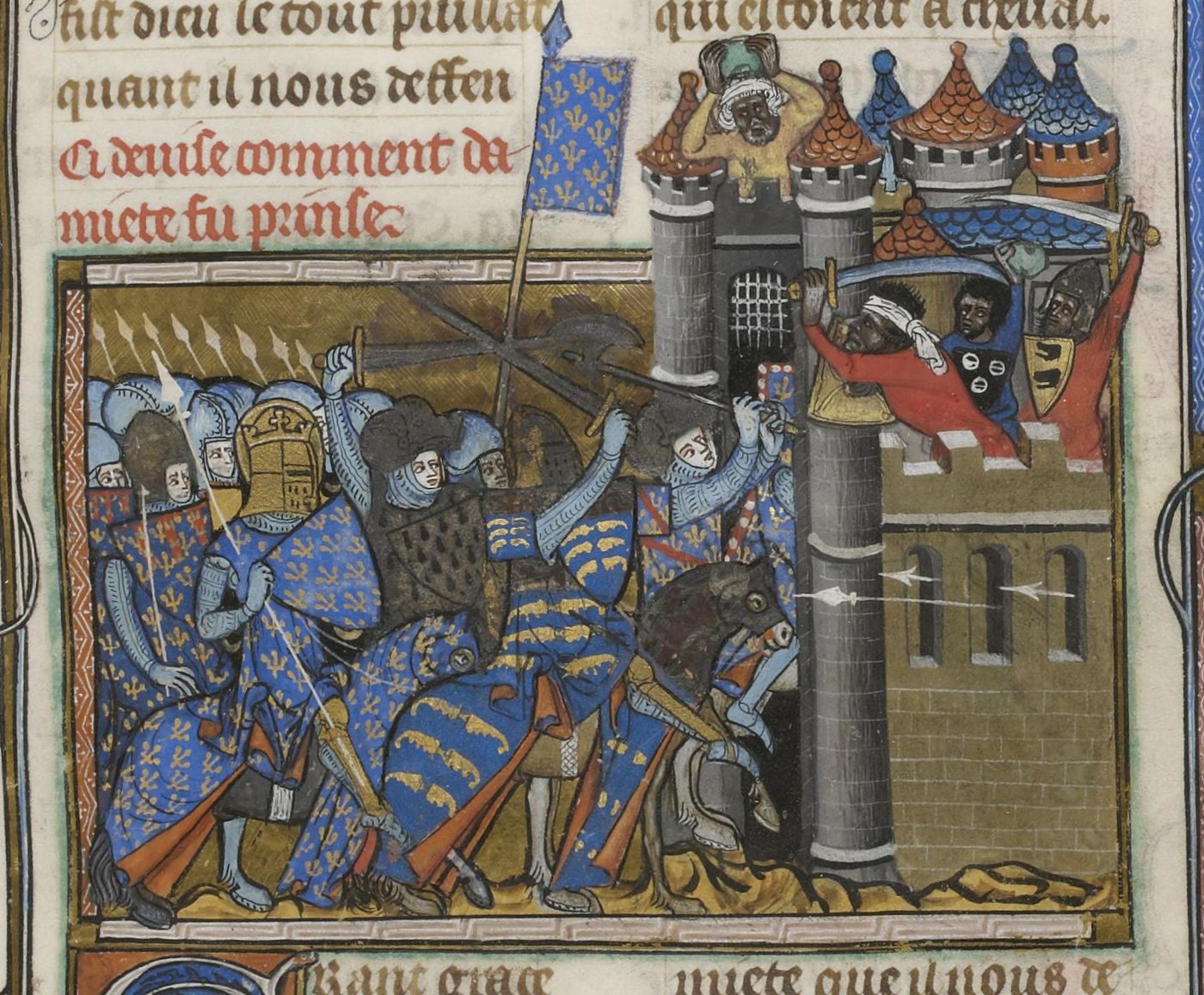 Fourteenth century manuscript painting: French knights under a blue banner with gold lilies attack the towers of Damietta while defenders fight back from the walls.