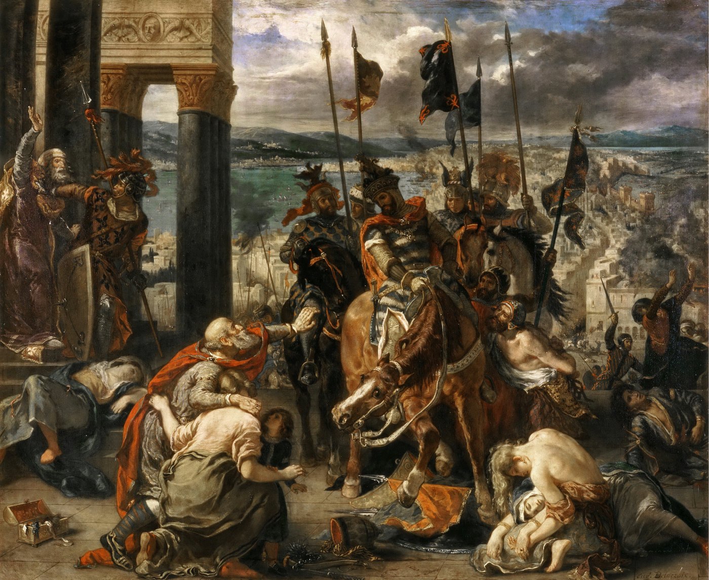 Oil painting: armored crusaders on horseback ride into Constantinople past kneeling and dying townspeople, with smoke rising over the city and the Bosporus behind them.