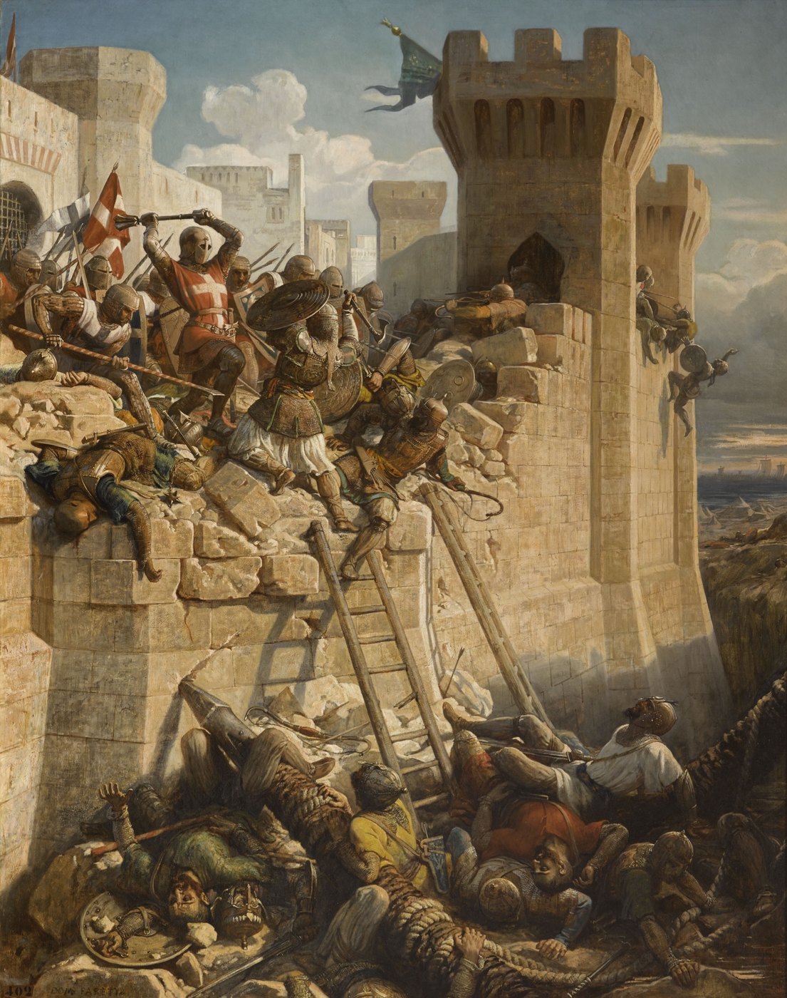Oil painting: a knight in a red surcoat with a white cross swings a mace on the broken walls of Acre as attackers climb ladders and fall among the dead below a tall stone tower.