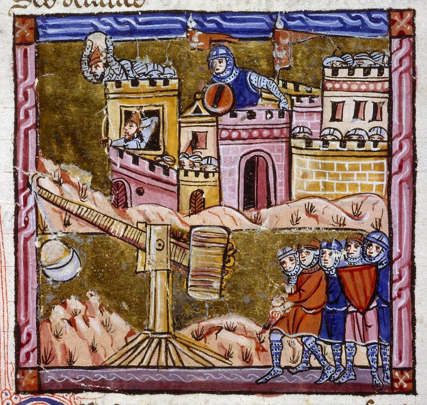 Medieval manuscript painting on a gold ground: crusaders work a wooden throwing engine below the pink and yellow towers of Antioch while defenders look down from the walls.