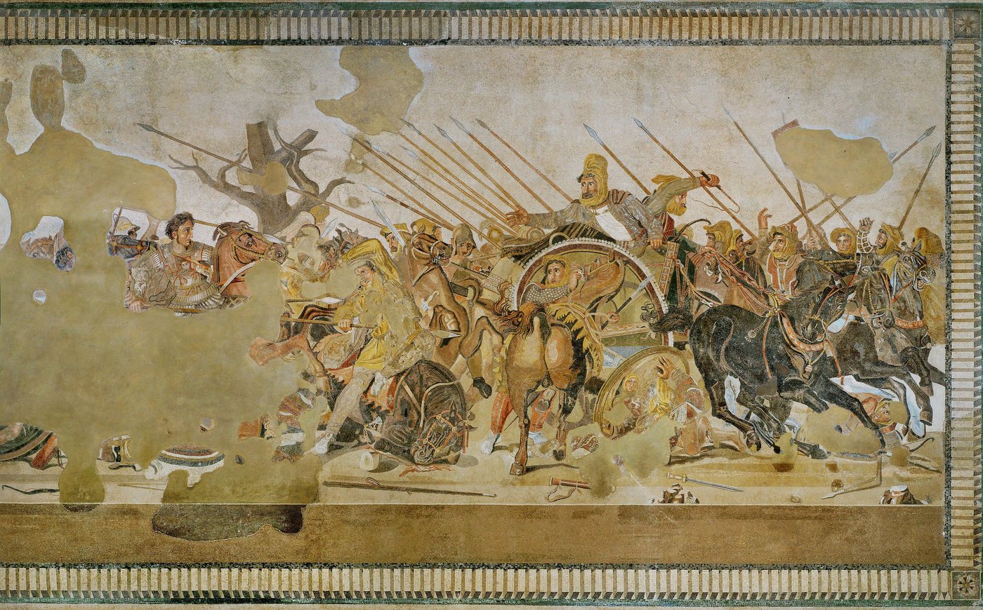 Ancient floor mosaic of a battle with Alexander on horseback at left and Darius in a chariot at right