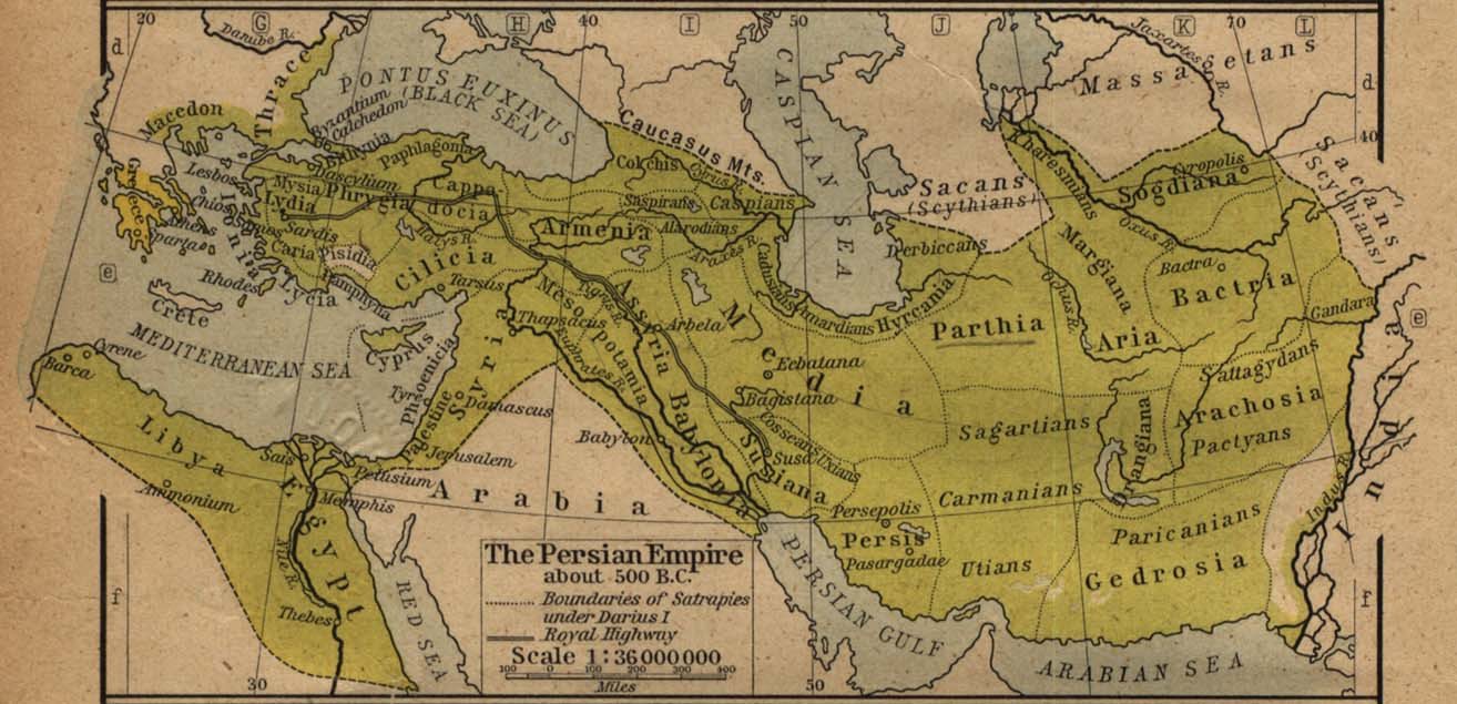 Historical map of the Persian Empire stretching from Egypt and Asia Minor to the Indus