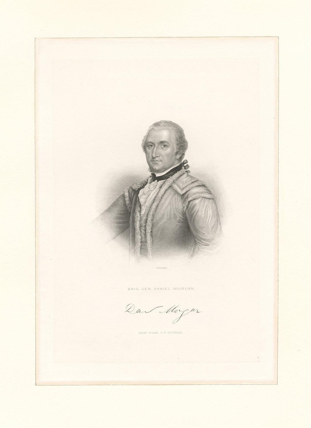 Engraved portrait of Daniel Morgan in uniform with his signature below