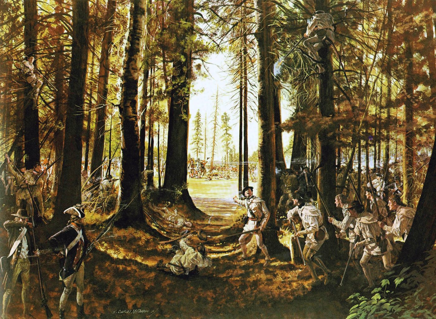 Painting of American riflemen in hunting shirts firing from among tall trees in a forest