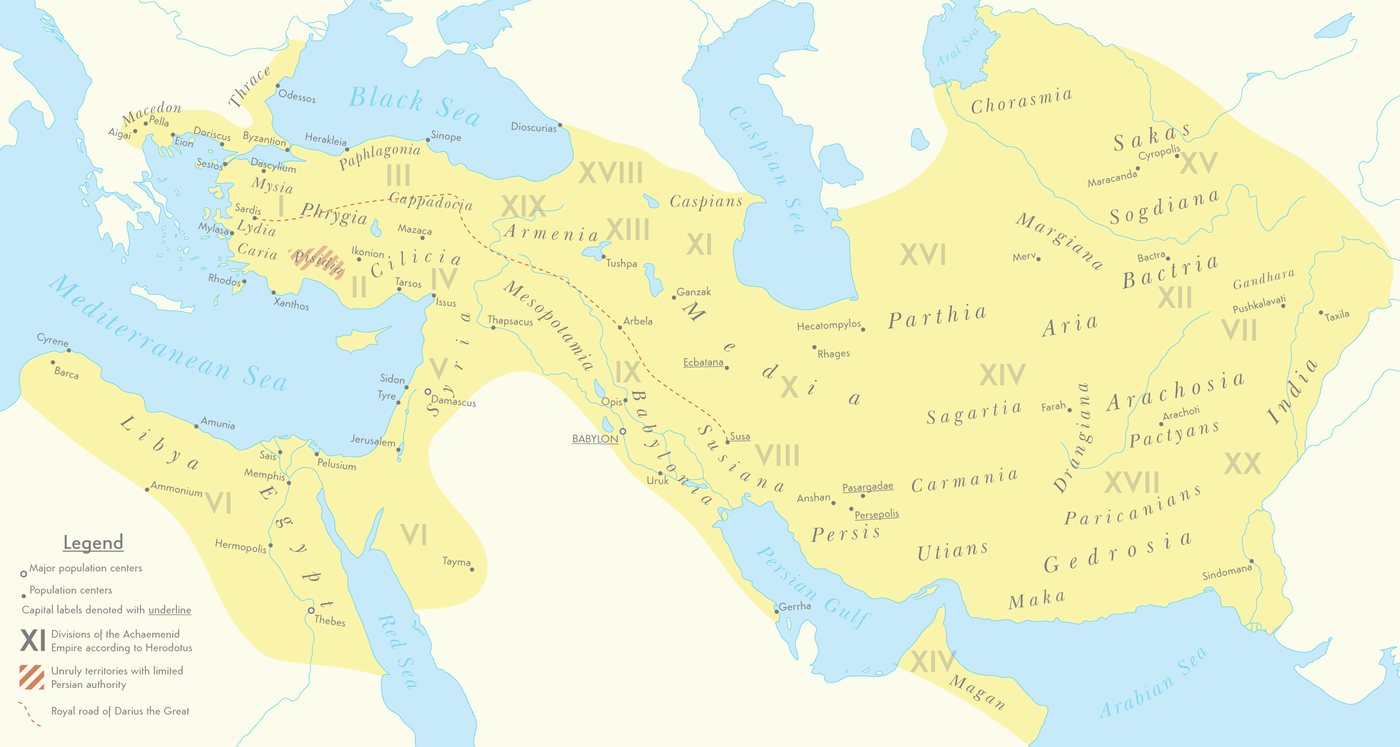 Map of the Achaemenid Empire from Egypt and Thrace to the Indus with numbered satrapies