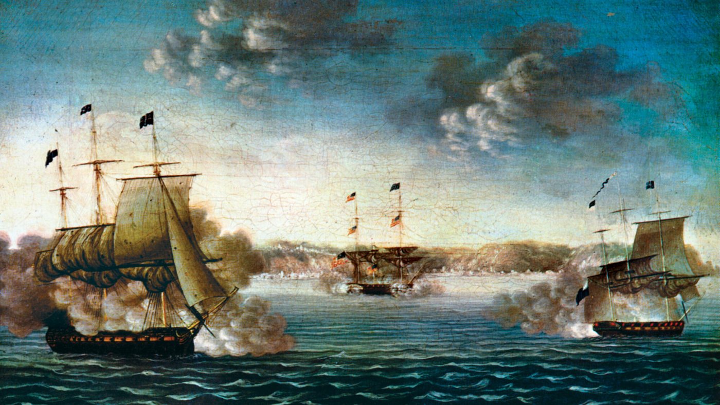 Painting of three sailing warships exchanging cannon fire off a hilly coast