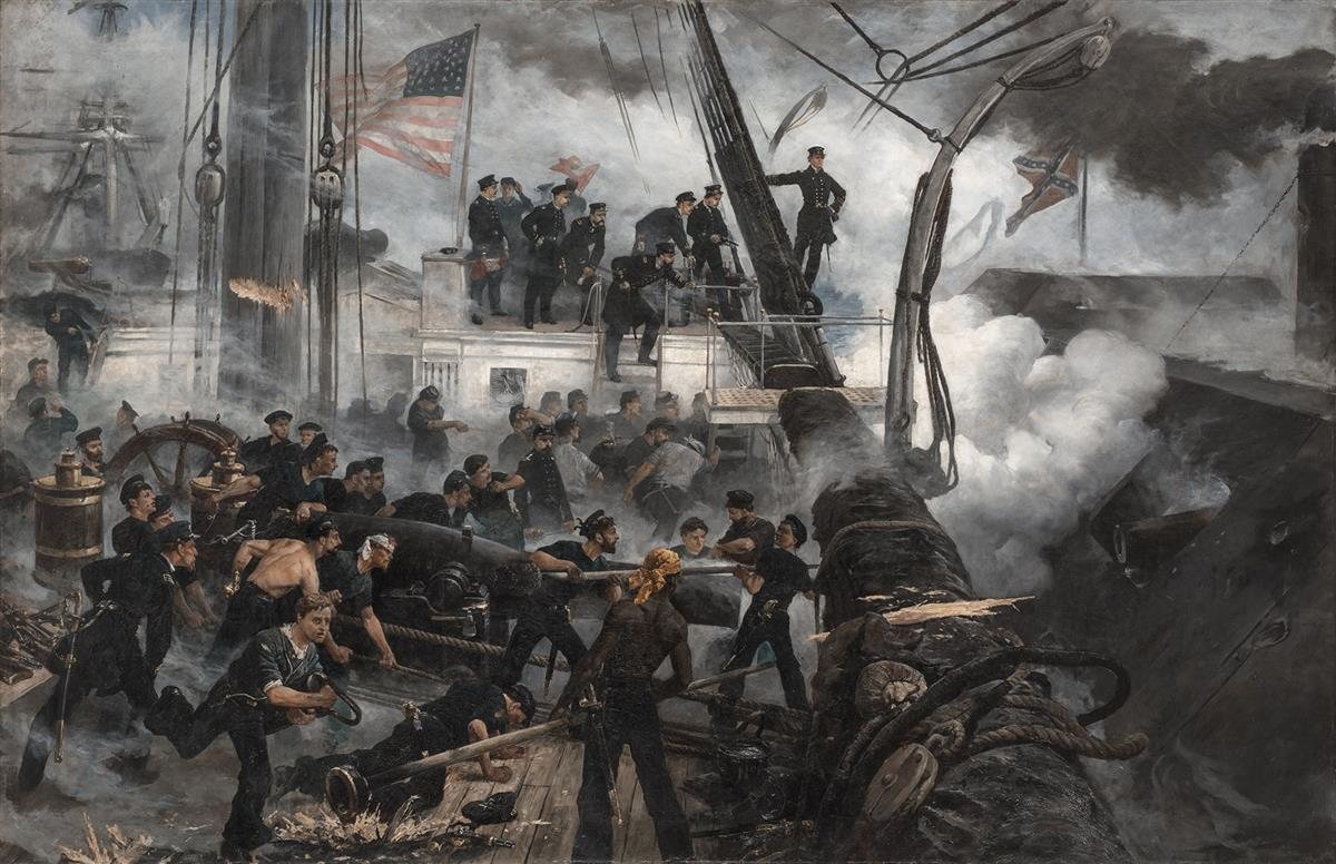Painting of sailors working heavy guns in smoke on a warship's deck with an officer in the rigging above
