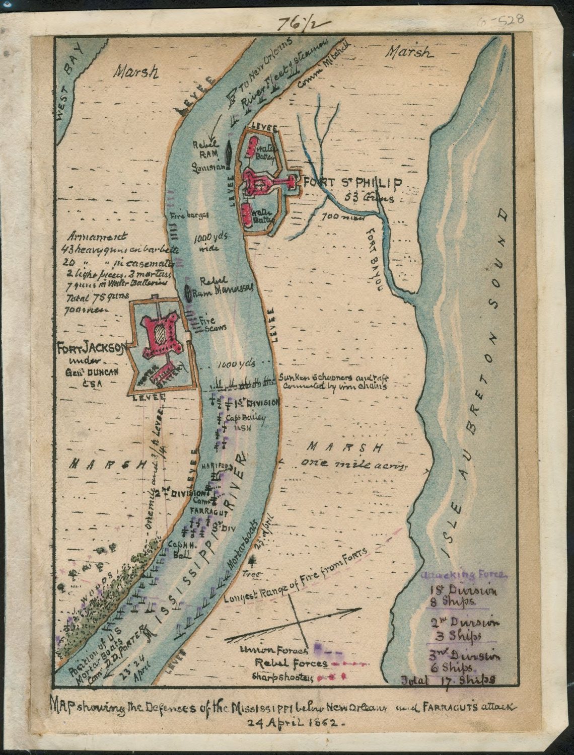 Hand-drawn coloured map of a bend of the Mississippi with two forts and the Union ships below them