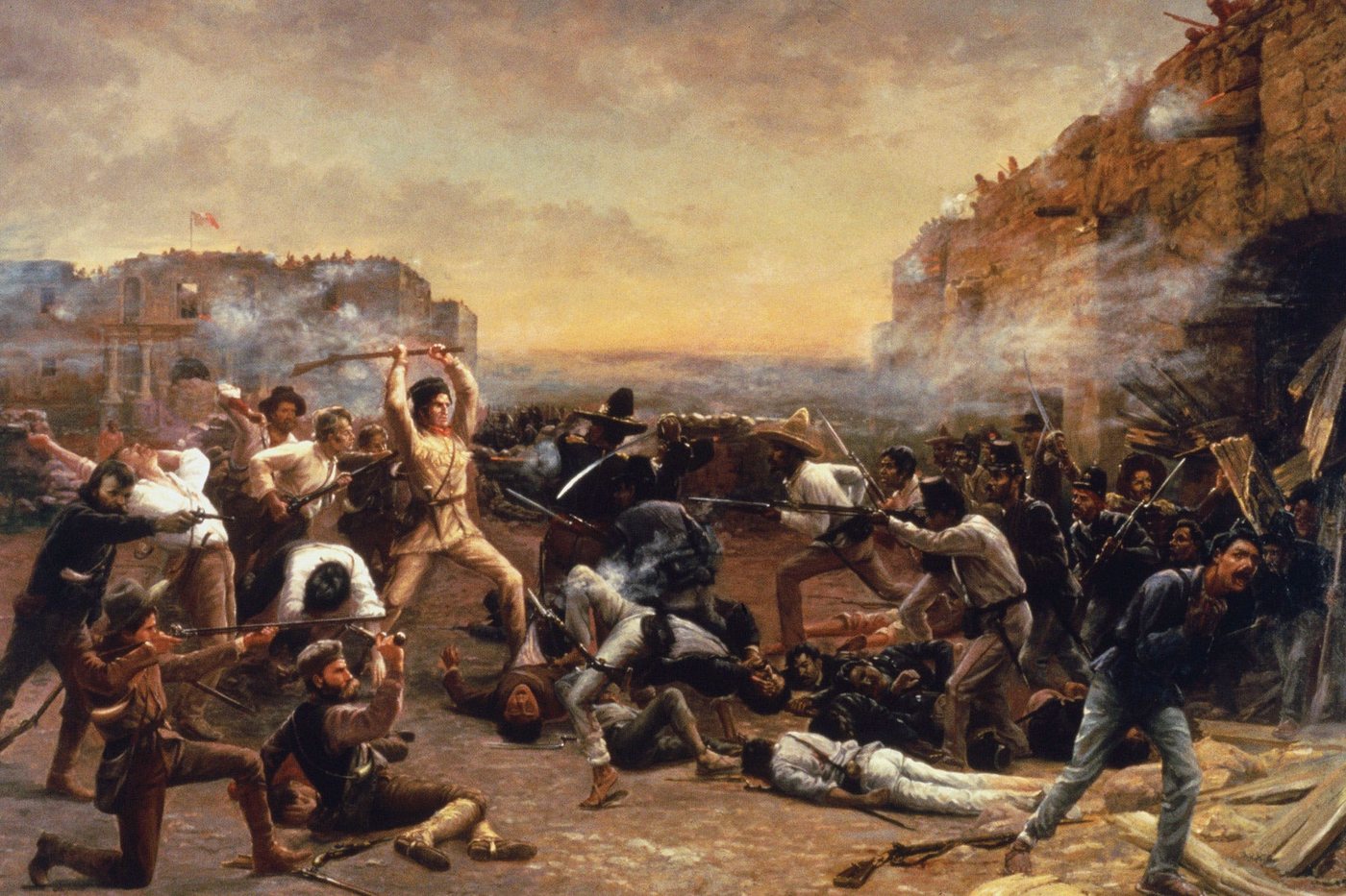 Painting of defenders in buckskin fighting hand to hand as Mexican soldiers storm into the Alamo