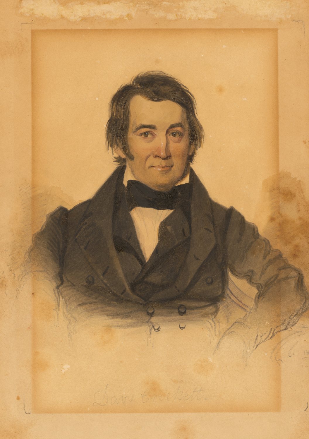 Watercolour portrait of Davy Crockett in a dark coat and white shirt collar