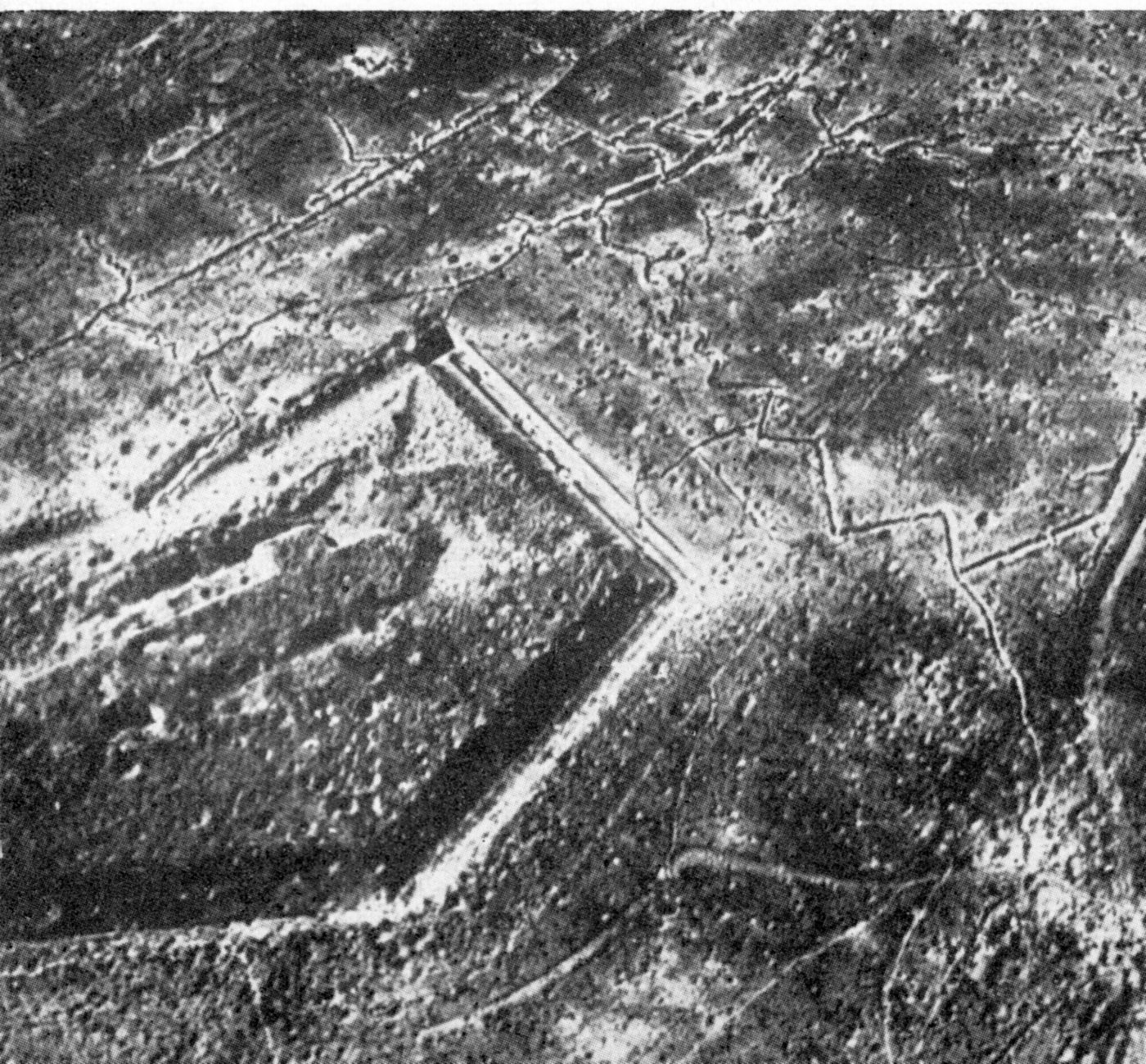 Aerial photograph of a cratered fort and battlefield at Verdun