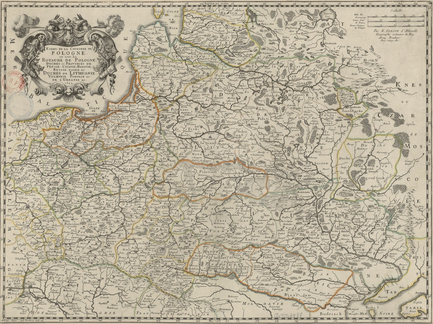 Ręcznie kolorowana XVII-wieczna mapa Rzeczypospolitej Obojga Narodów, od wybrzeża Bałtyku i Gdańska na północy po Podole i Morze Czarne na południu, z kolorowymi granicami województw i ozdobnym kartuszem w lewym górnym rogu.