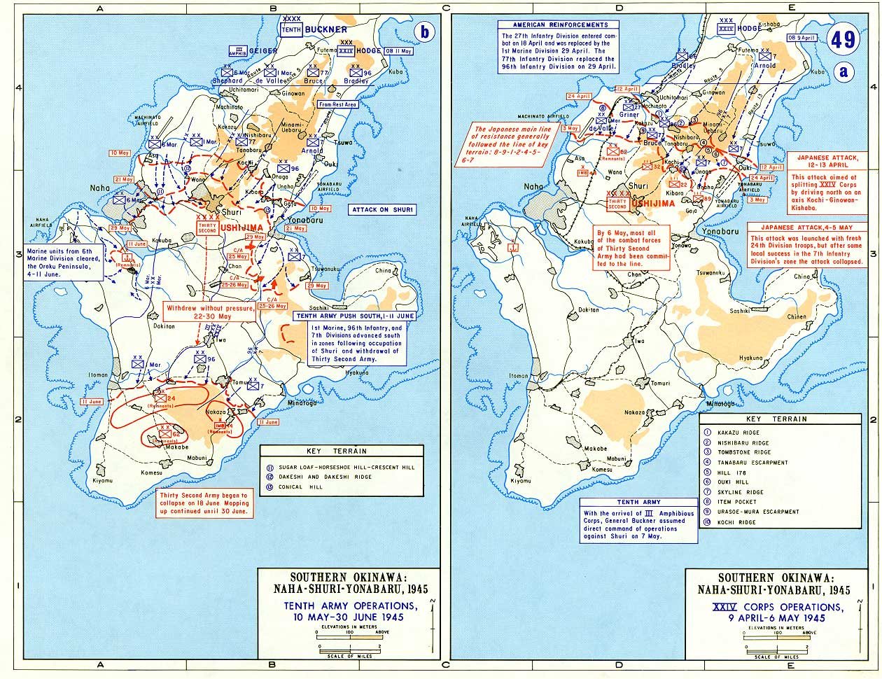 Two coloured military maps of southern Okinawa with American advance lines and Japanese defensive zones