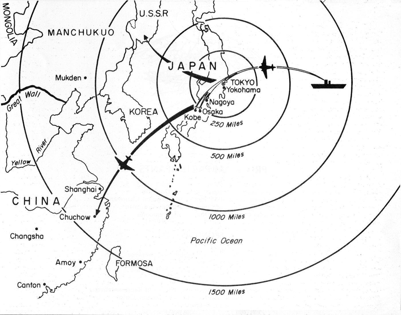 Black and white map with range circles around Japan, a carrier symbol east of Tokyo and bomber routes to China and the USSR