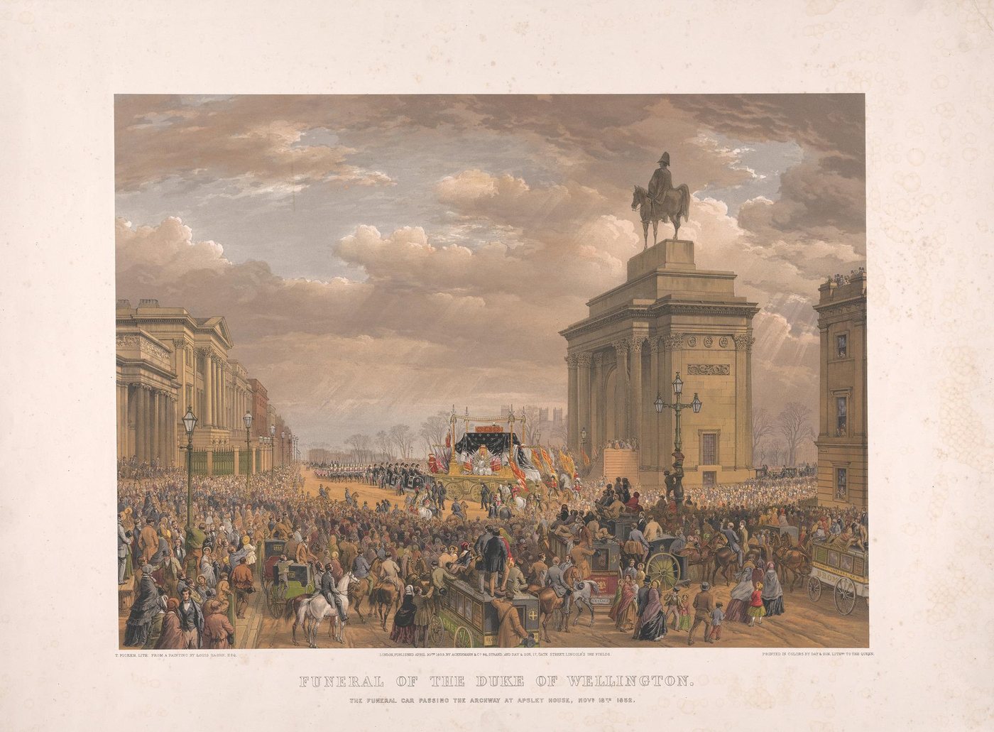 Coloured print of an ornate funeral car drawn through a London street packed with spectators past a triumphal arch