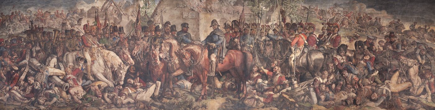 Long crowded painting of the two allied commanders meeting on horseback among soldiers and wounded