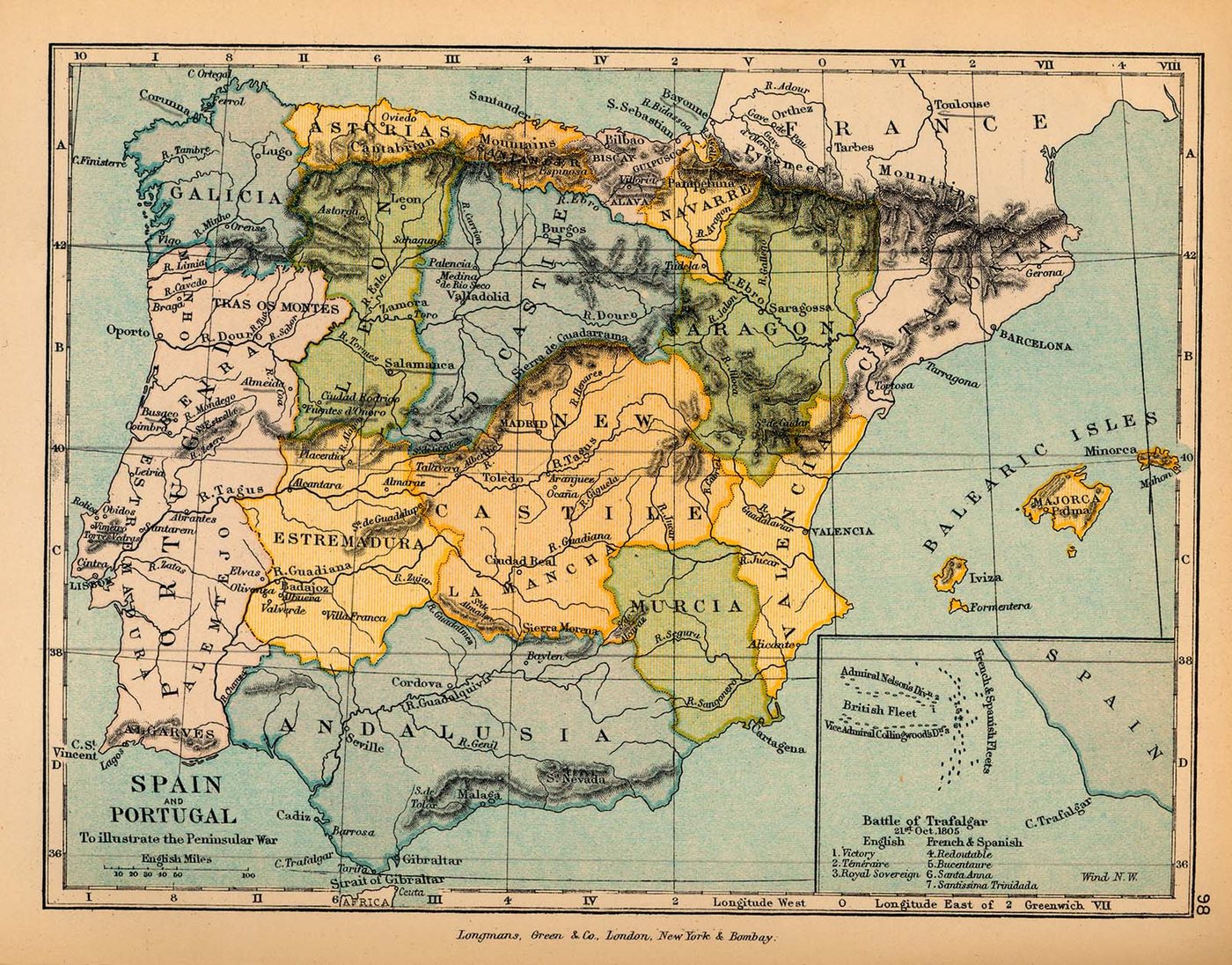 Coloured historical map of the Iberian Peninsula divided into provinces with battle sites marked
