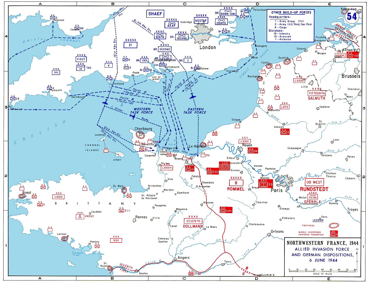 Map of the English Channel and Normandy with Allied task forces crossing from England and German divisions in France