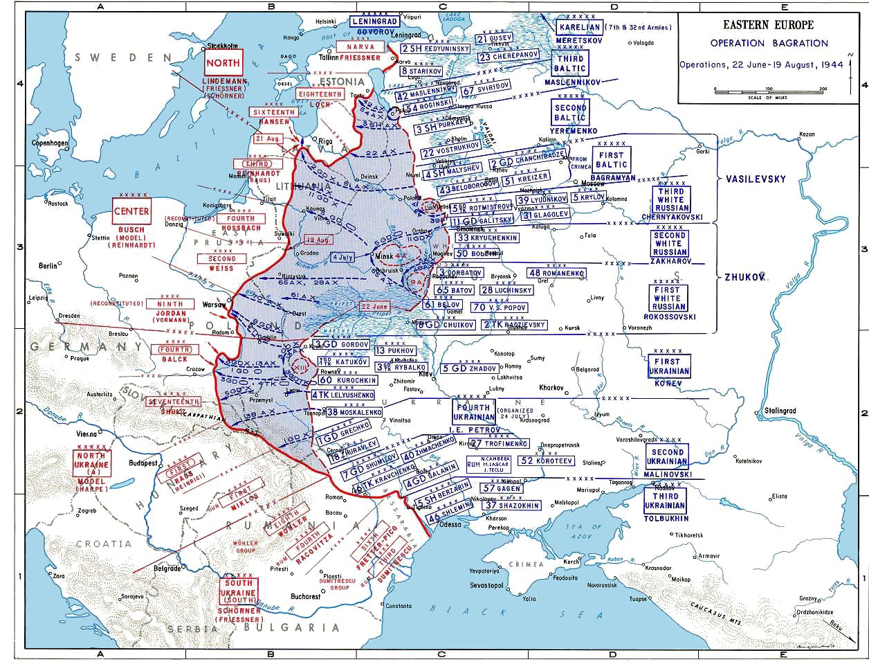 Campaign map of eastern Europe with a large blue-shaded area of Soviet advance from Belorussia to the Vistula and East Prussia, red German army groups and blue Soviet fronts labeled.