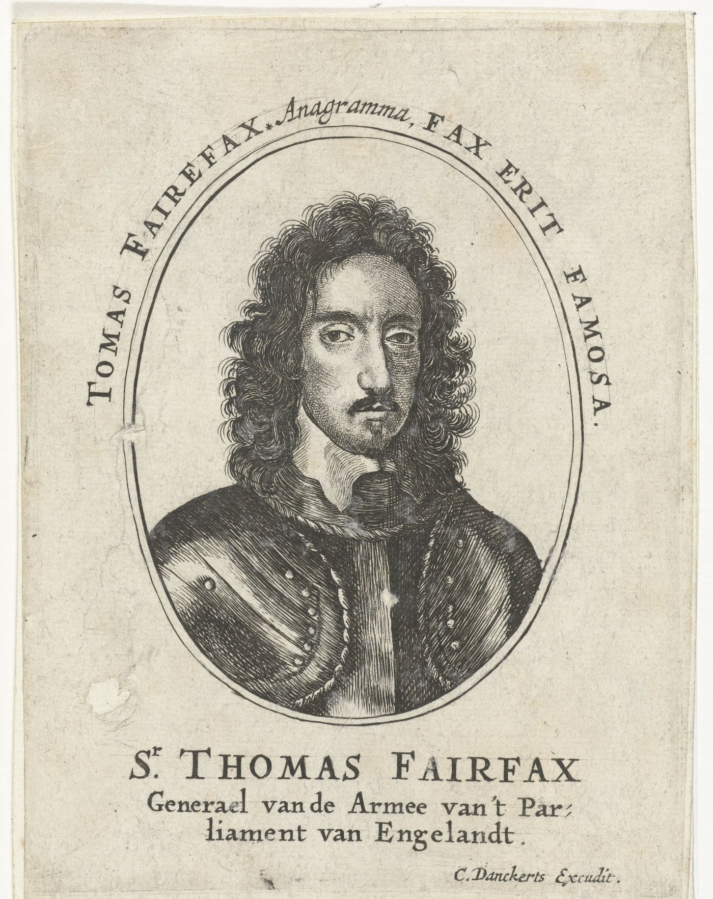 Engraved oval portrait of a young man with long curly hair and a small moustache, wearing armor, framed by a Latin anagram of his name, with a Dutch inscription below.