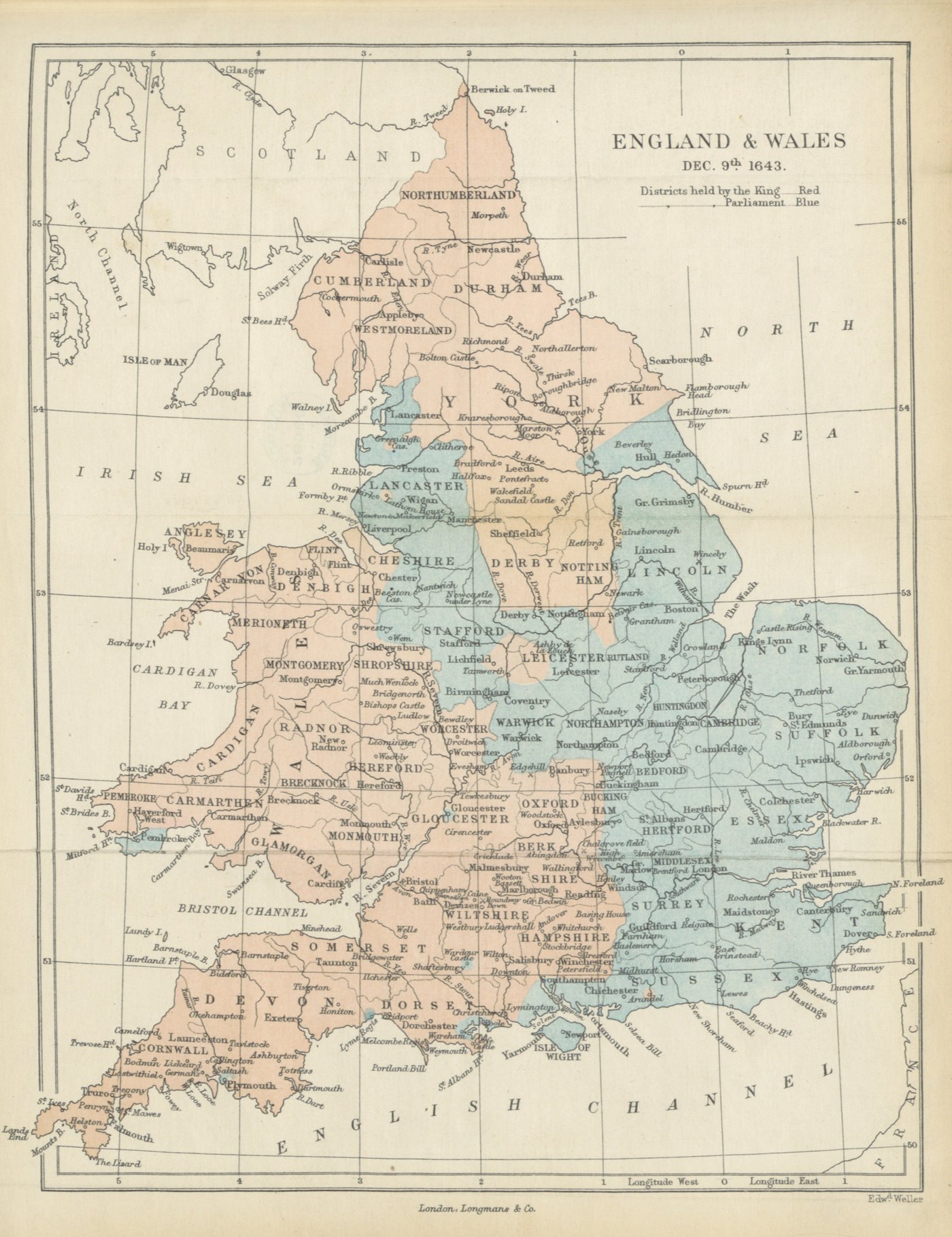 Colored 19th-century historical map of England and Wales with counties and towns, the areas held by the king shaded red over the north, west and Wales and those held by Parliament shaded blue over the east, south-east and Midlands.