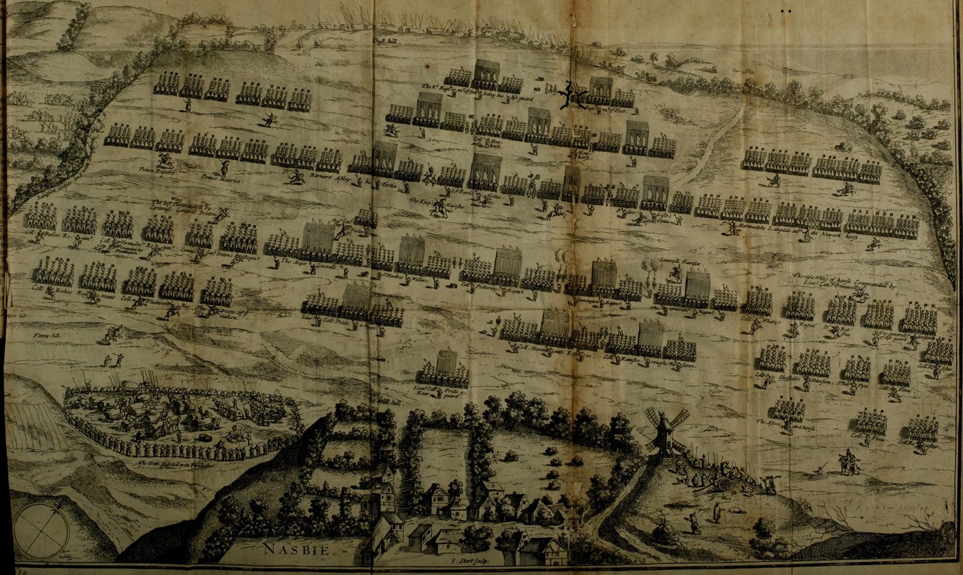 Old engraved bird's-eye view of two armies drawn up in lines of horse and foot across open ground, with the village of Naseby, a windmill and a fortified baggage train in the foreground.