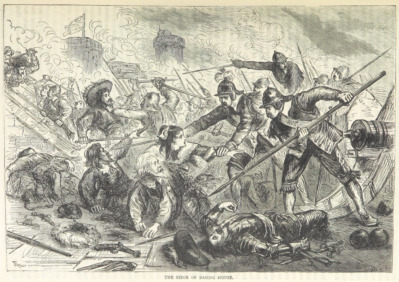 Black and white engraving of a crowded fight inside a breached fortification: soldiers with pikes and swords storm in through smoke while defenders and a woman struggle among the dead and wounded.