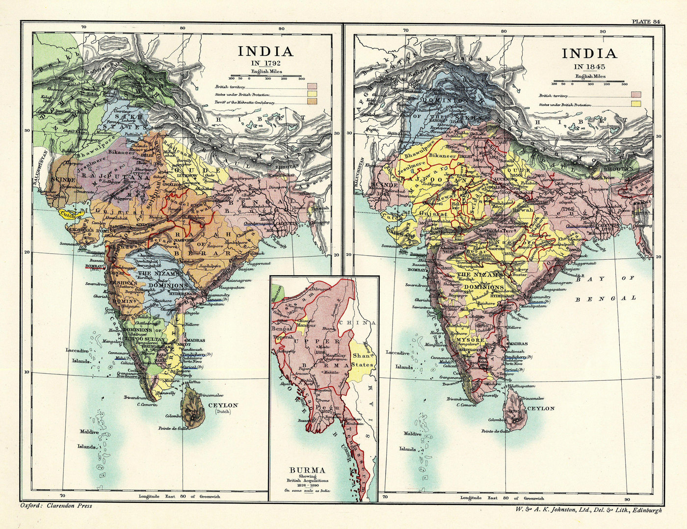 Dwie kolorowe mapy Indii obok siebie, zatytułowane India in 1792 i India in 1845: terytorium brytyjskie na różowo, państwa pod ochroną brytyjską na żółto, a w 1792 roku konfederacja Marathów na pomarańczowo i posiadłości Tipu Sultana na południu; między nimi mała mapa Birmy.