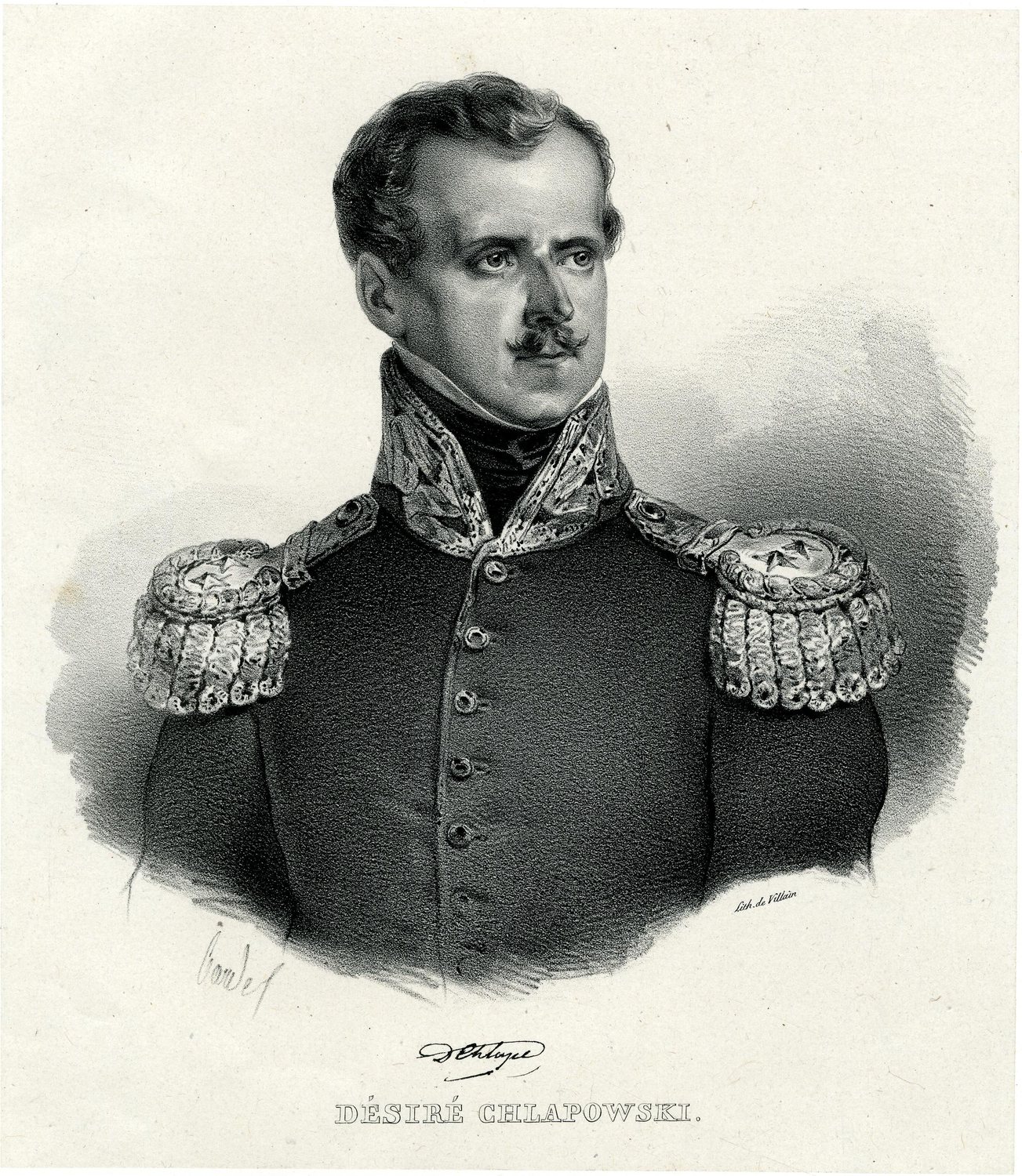 Lithograph portrait of a moustached officer in a uniform with heavy epaulettes and an embroidered collar