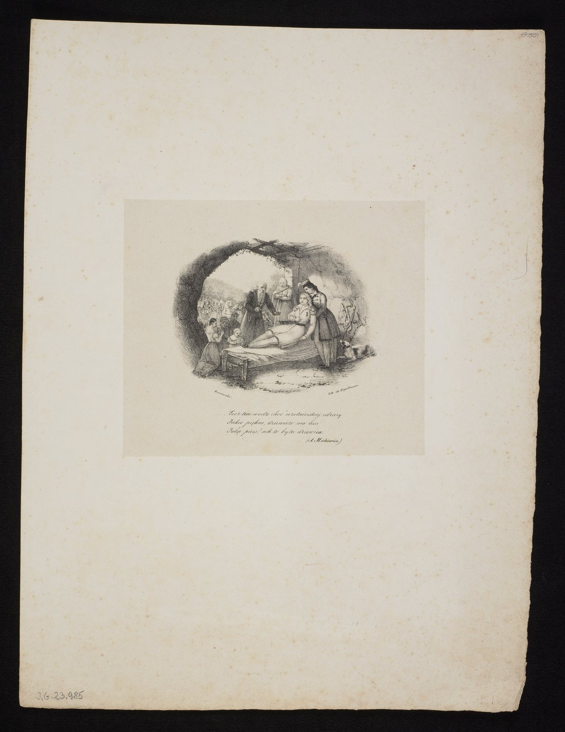 Small vignette lithograph of a young woman lying on a bed, printed on a large sheet