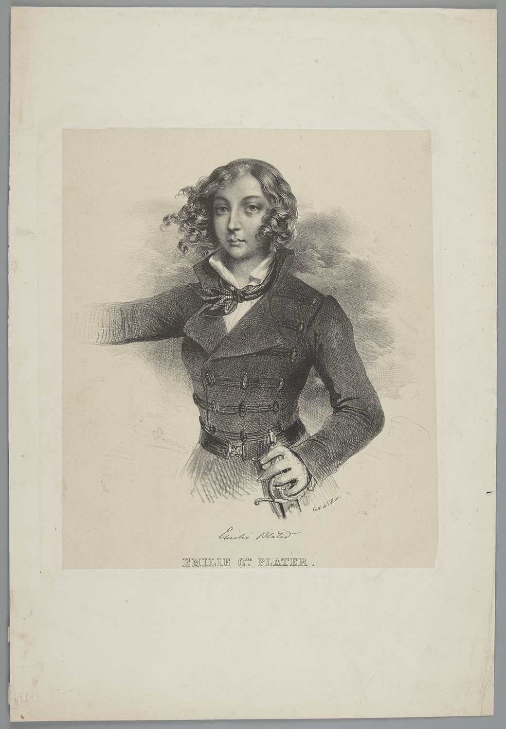 Lithograph portrait of a young woman with short curly hair in a dark jacket and cravat