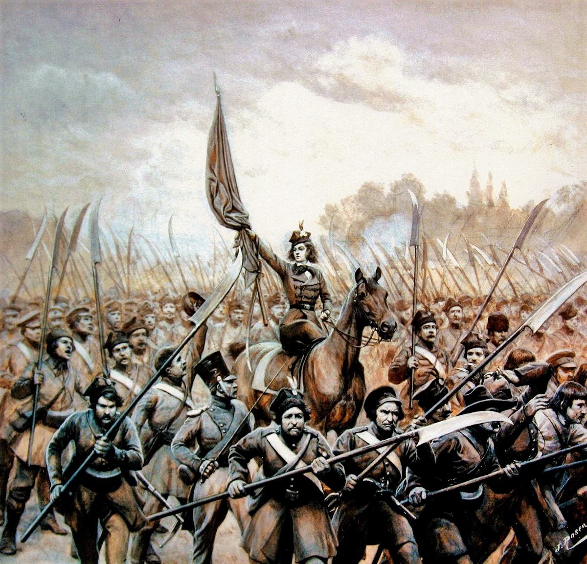 Painting of a mounted woman holding a banner above a crowd of peasants armed with upright scythes