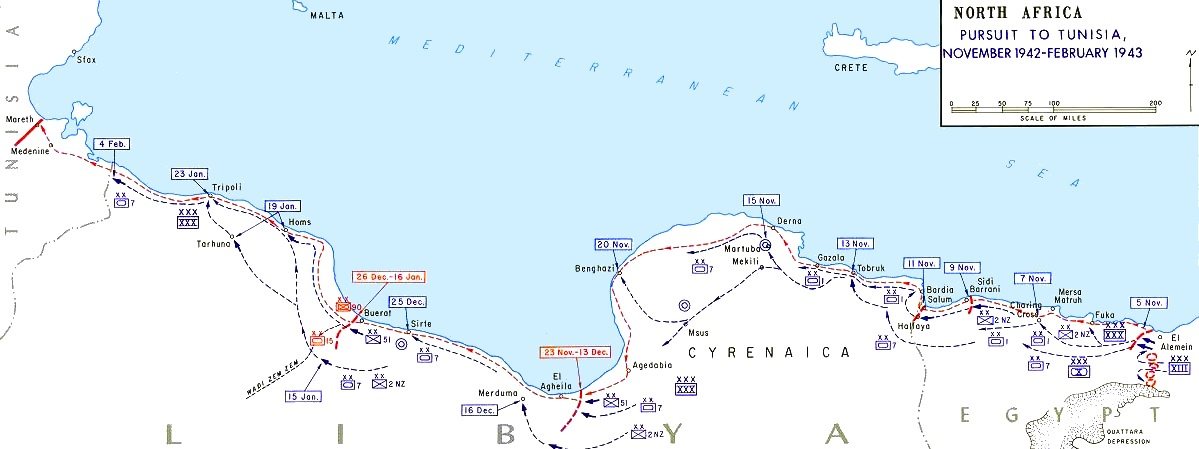 Military map of the North African coast from El Alamein to Tunisia with dated lines of retreat