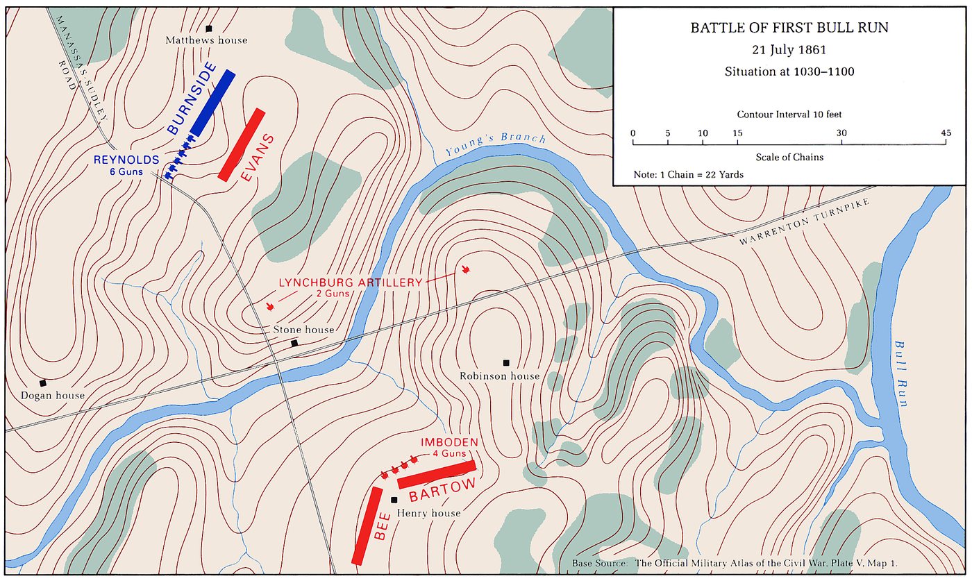Contour map of the Bull Run battlefield with blue Union and red Confederate brigade blocks around Matthews Hill and Henry House