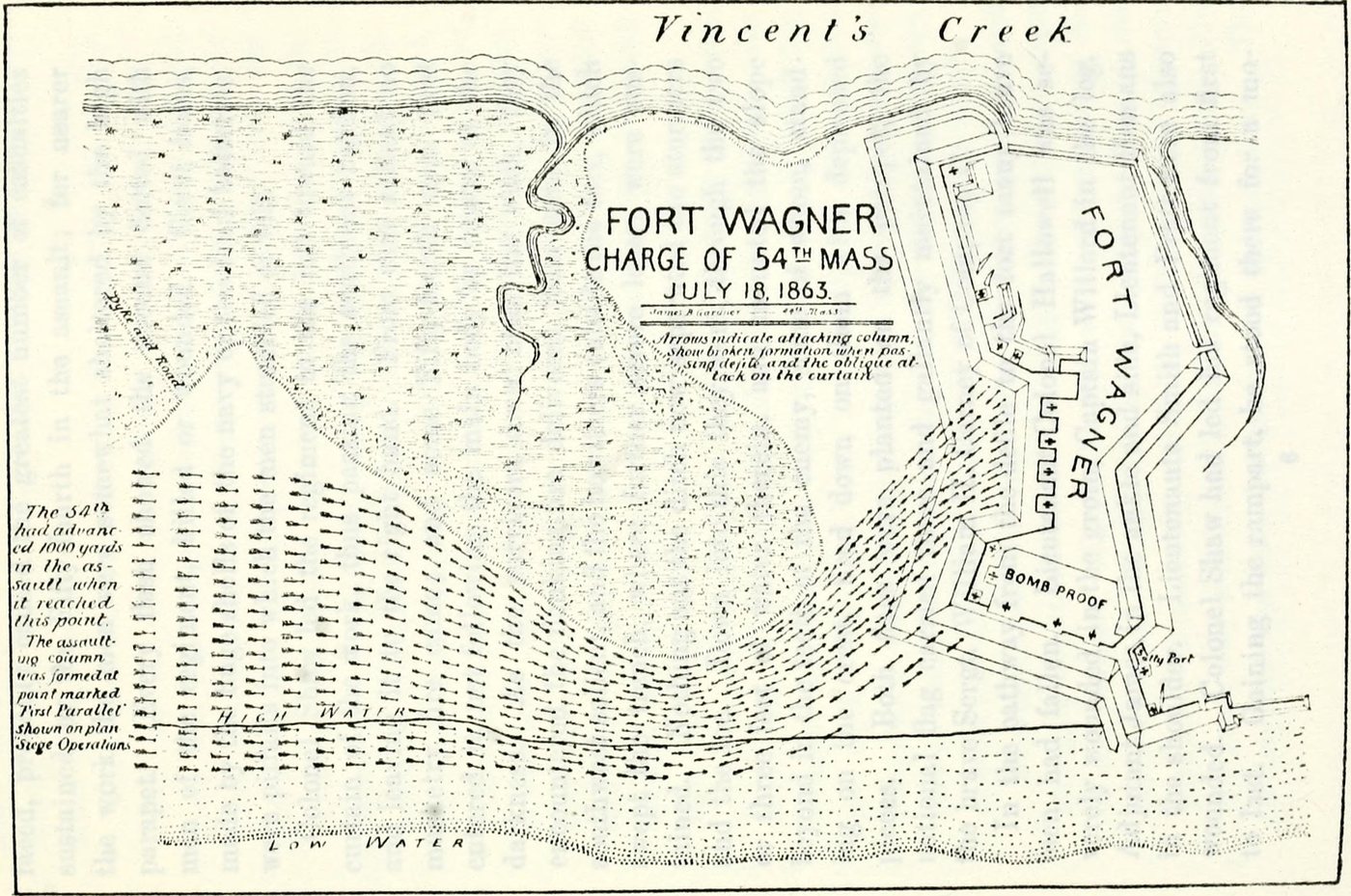 Black and white plan of Fort Wagner on Morris Island with the columns of the 54th advancing along the beach