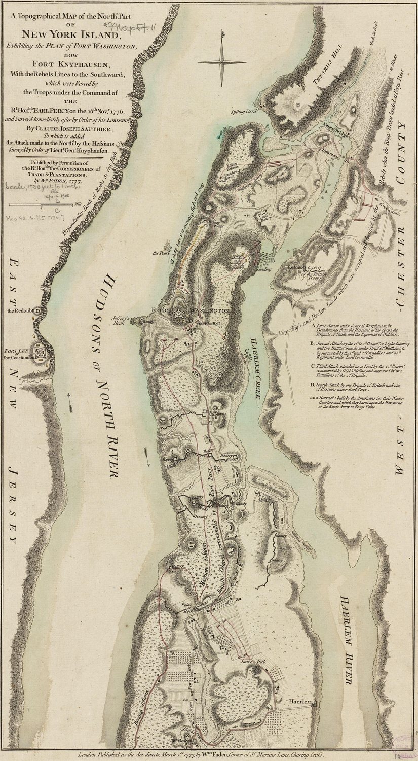 Sztychowana mapa z 1777 roku północnego krańca Manhattanu między Hudsonem a rzeką Harlem, z kierunkami ataków oznaczonymi literami od A do D