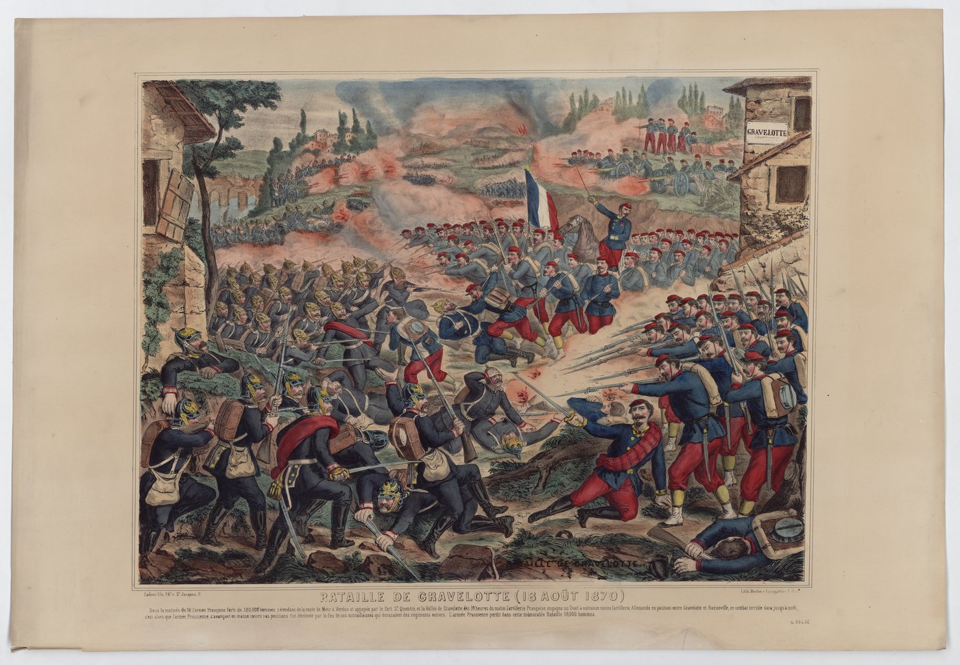 Hand-colored popular print of infantry fighting at close quarters in front of a village sign reading Gravelotte: French soldiers in red trousers and blue coats fire and charge with bayonets against Prussian infantry in spiked helmets, with artillery and burning hills behind.